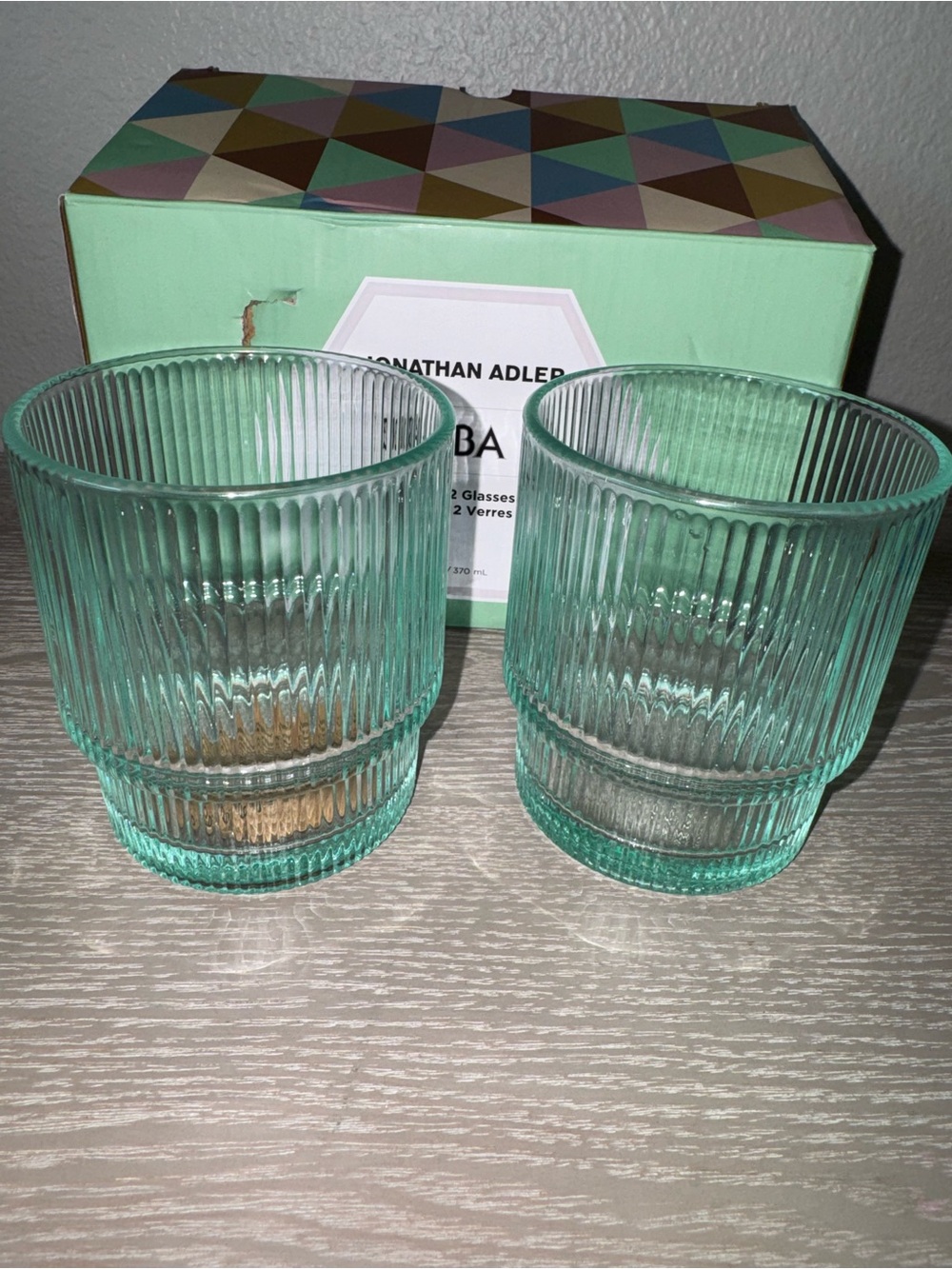 New Jonathan Adler Biba Glasses Ribbed Aquamarine 13oz Set of 2 in Box Brand New